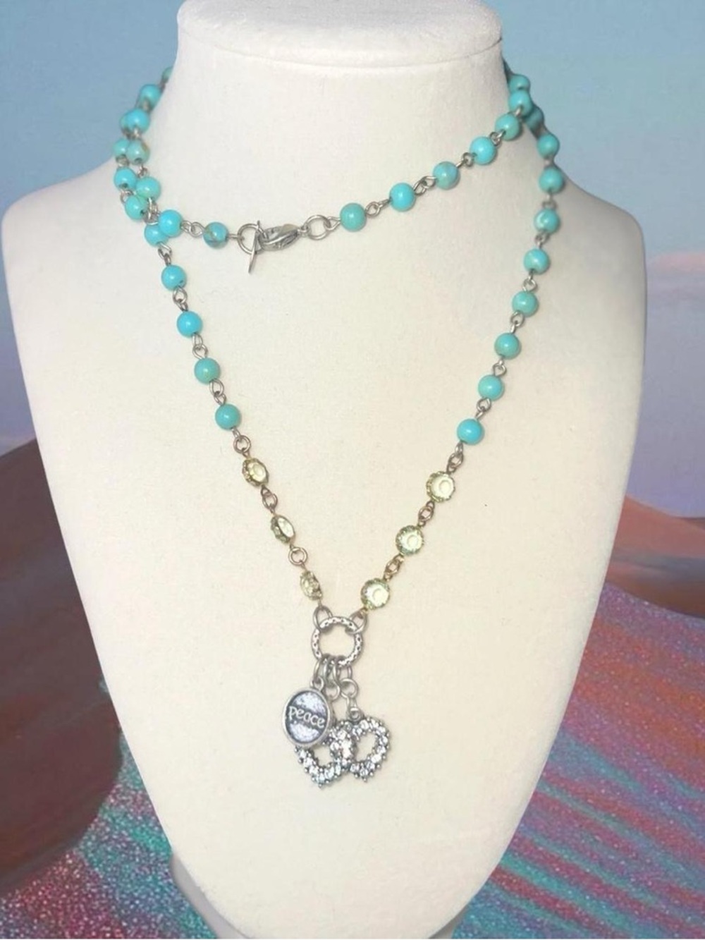 Y2K Turquoise Bead & Silver Charm Layered Necklace - Peace Heart Pendant